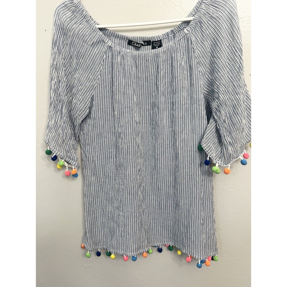 Chadwicks Women's 3/4 Sleeve White Blue Top Striped Pom Pom  Blouse Size Med